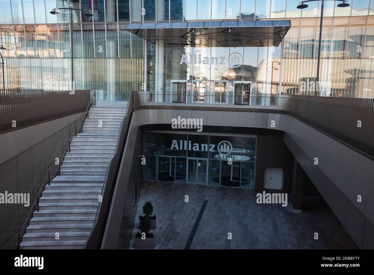 View of entrance of Allianz Tower in Milano, Italy, November 30 2019. CityLife is a residential, commercial and business district under construction situated a short distance from the old city centre of Milan, Italy; it has an area of 36.6 hectares (90 acres). The development is being carried out by a company controlled by Generali Group, that won the international tender for the redevelopment of the historic neighborhood of Fiera Milano with an offer of 523 million. The project is designed by famous architects Zaha Hadid, Arata Isozaki and Daniel Libeskind. (Photo by Mairo Cinquetti/NurPhoto) Stock Photo