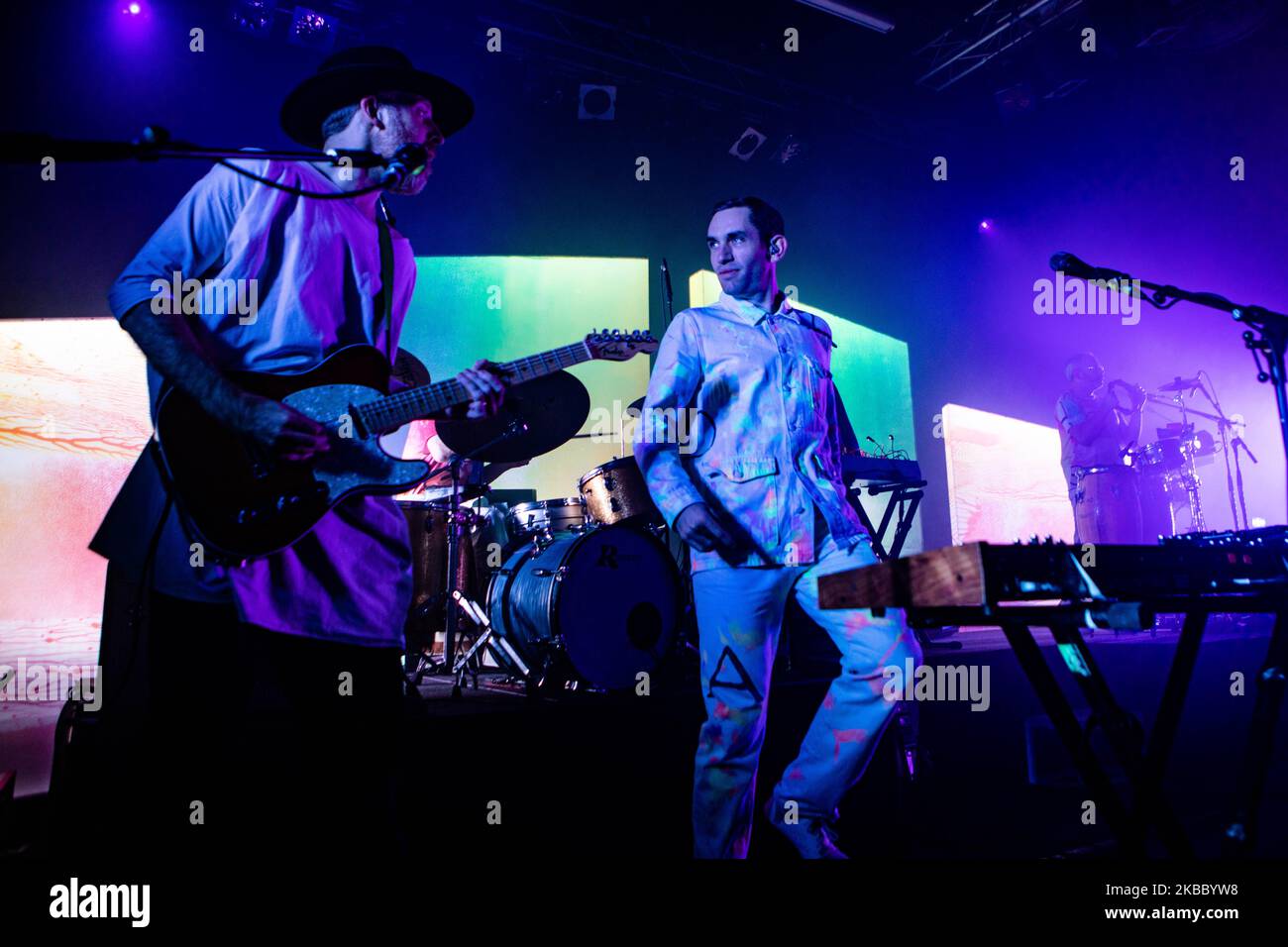 Al Doyle (L) and Owen Clarke (R) of English synth-pop band Hot chip performs at Alcatraz in Milano, Italy, on November 30 2019. The group consists of multi-instrumentalists Alexis Taylor, and Felix Martin. They are occasionally supplemented by Rob Smoughton and Sarah Jones for live performances and studio recordings. The group primarily produces music in the synth-pop and alternative dance genres, drawing influences from house and disco. (Photo by Mairo Cinquetti/NurPhoto) Stock Photo