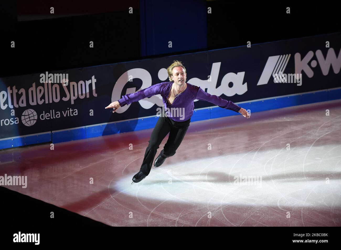 Russian skater Evgini Plushenko skating during the Golden Skate Gala, an annual event that brings together the best skaters in the world in an evening of absolute show that this year was held on November 30, 2019 at the Allianz Cloud in Milan, Italy. (Photo by Andrea Diodato/NurPhoto) Stock Photo