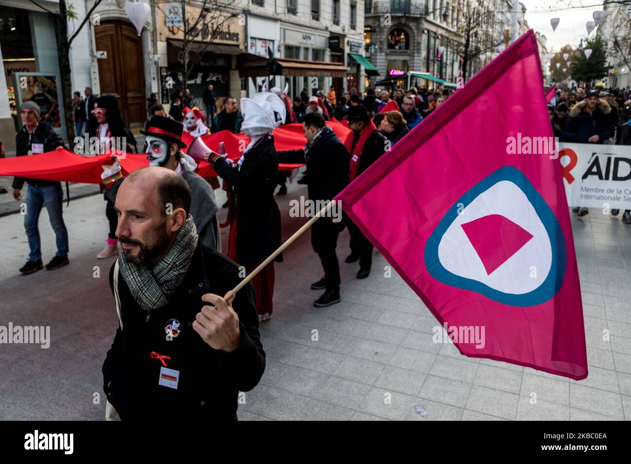 March for World AIDS Day in Lyon, France, on December 1, 2019. (Photo by Nicolas Liponne/NurPhoto) Stock Photo
