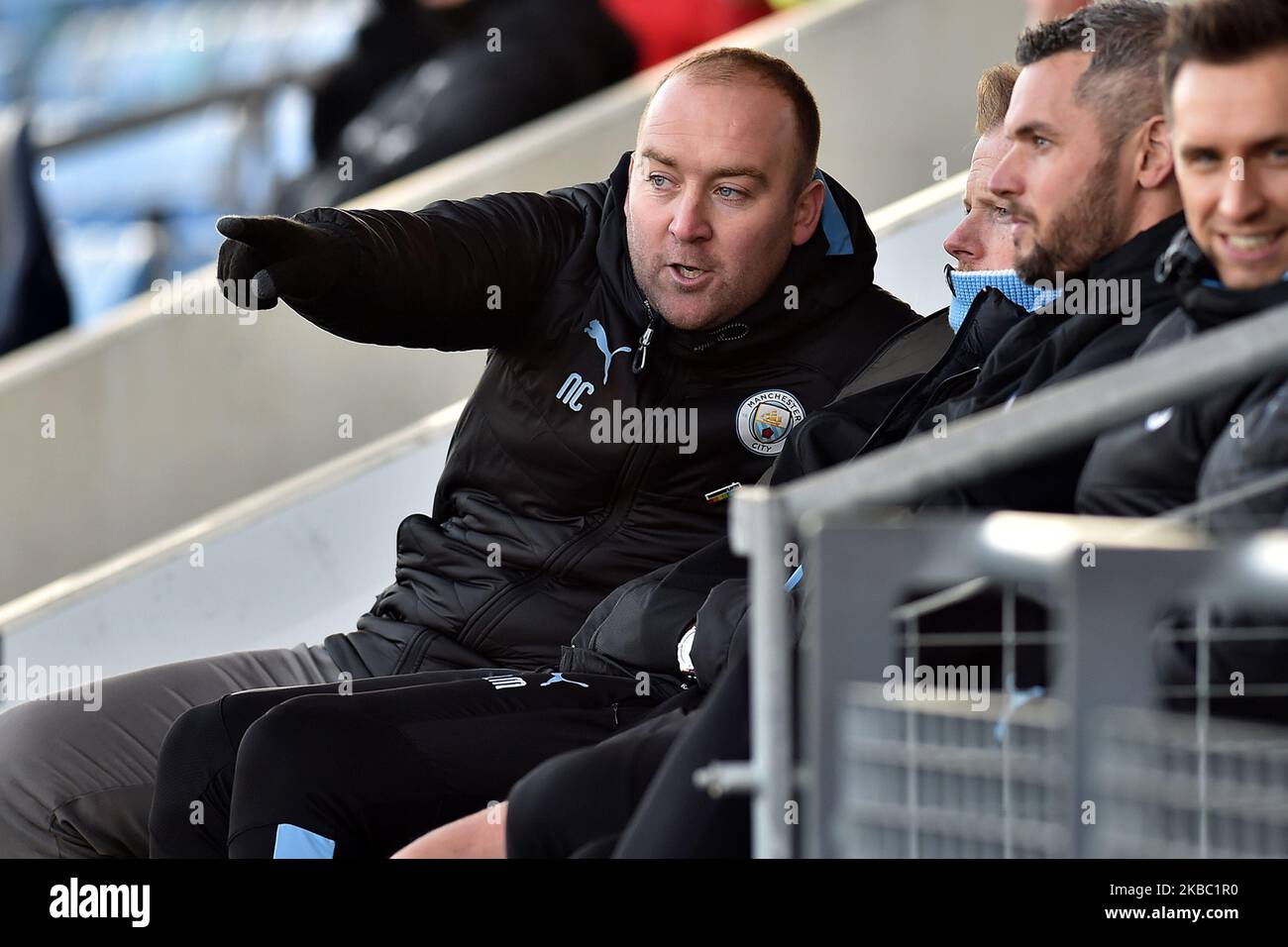 Nick Cushing, manager of Manchester City in action during the Barclays FA Women's Super League match between Manchester City and Liverpool at the Manchester City Academy Stadium, Manchester on Sunday 1st December 2019. (Photo by Eddie Garvey/MI News/NurPhoto) Stock Photo