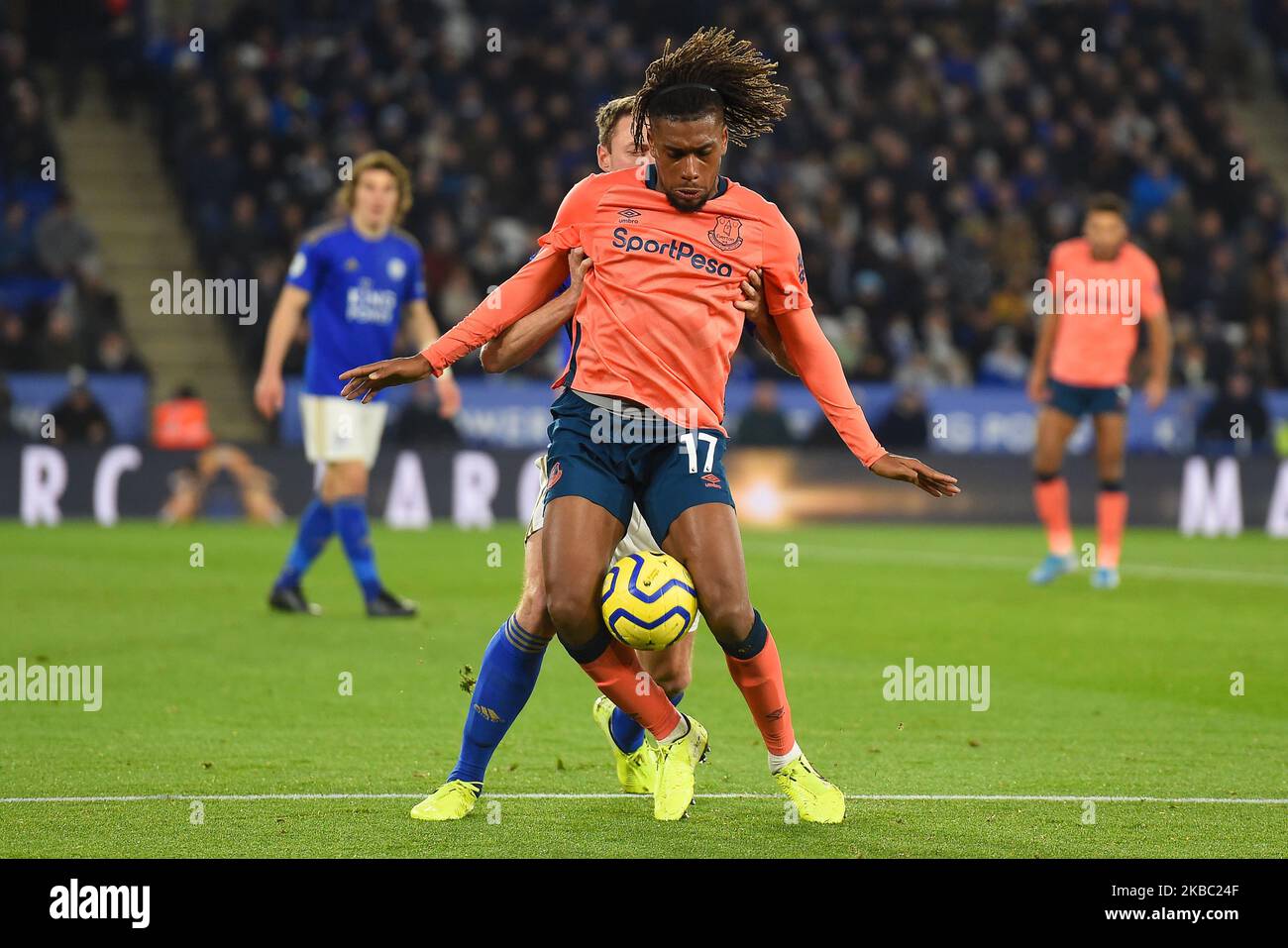 Alex Iwobi (17) of Everton battles with Jonny Evans (6) of Leicester City during the Premier League match between Leicester City and Everton at the King Power Stadium, Leicester on Sunday 1st December 2019. (Photo by Jon Hobley/ MI News/NurPhoto) Stock Photo
