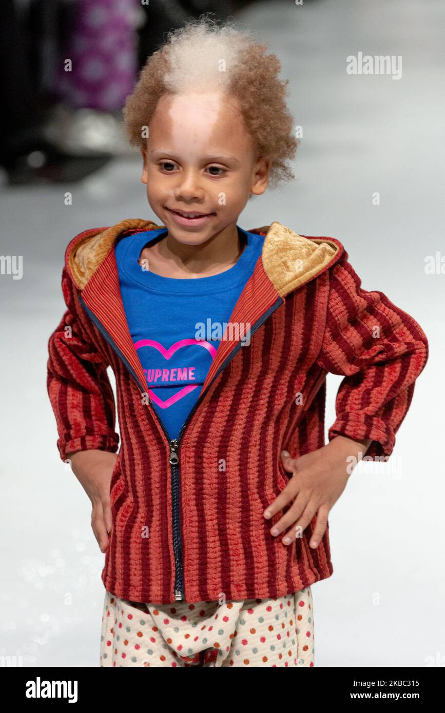 A model walks the runway at the Supreme Tamu collection for Spring and Summer 2020 during the third annual Toronto Kids Fashion Week fashion show on November 30, 2019 in Toronto, Canada (Photo by Anatoliy Cherkasov/NurPhoto) Stock Photo