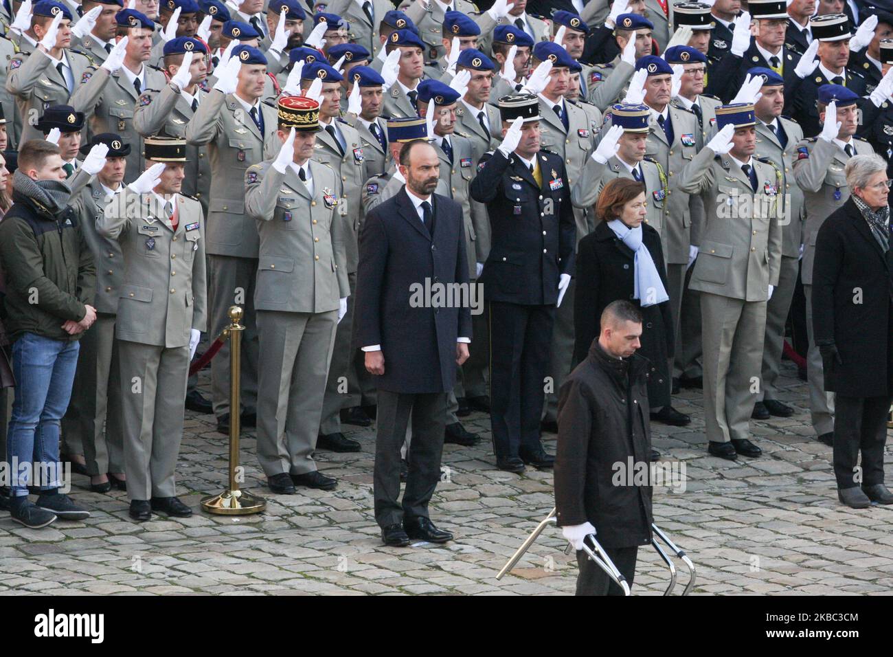 (1st row from L to R) French Prime Minister Edouard Philippe, French Defence Minister Florence Parly and French Junior Defence Minister Genevieve Darrieussecq attend a tribute ceremony on December 2, 2019 at the Invalides monument, in Paris, for the 13 French soldiers killed in Mali. In its biggest military funeral in decades, France is honoring 13 soldiers killed when their helicopters collided over Mali while on a mission fighting extremists affiliated with the Islamic State group. (Photo by Michel Stoupak/NurPhoto) Stock Photo