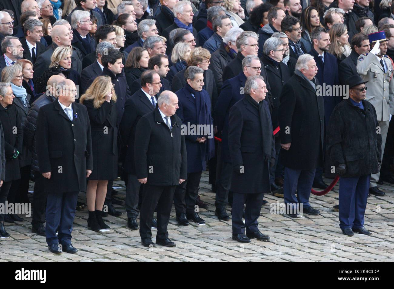 (2nd row from C to L) French former president Nicolas Sarkozy, French former president Francois Hollande and French Justice Minister Nicole Belloubet attend a tribute ceremony on December 2, 2019 at the Invalides monument, in Paris, for the 13 French soldiers killed in Mali. In its biggest military funeral in decades, France is honoring 13 soldiers killed when their helicopters collided over Mali while on a mission fighting extremists affiliated with the Islamic State group. (Photo by Michel Stoupak/NurPhoto) Stock Photo