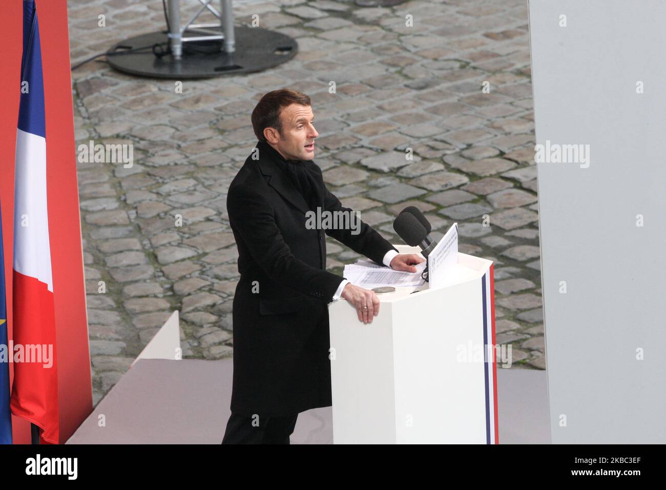 France's President Emmanuel Macron speaks during a tribute ceremony on December 2, 2019 at the Invalides monument, in Paris, for the 13 French soldiers killed in Mali. In its biggest military funeral in decades, France is honoring 13 soldiers killed when their helicopters collided over Mali while on a mission fighting extremists affiliated with the Islamic State group. (Photo by Michel Stoupak/NurPhoto) Stock Photo