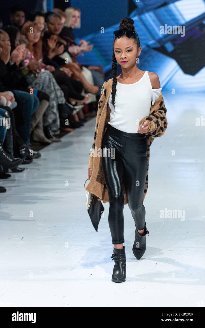 A model walks the runway at the Zara collection for Spring and Summer 2020 during the third annual Toronto Kids Fashion Week fashion show on November 30, 2019 in Toronto, Canada (Photo by Anatoliy Cherkasov/NurPhoto) Stock Photo