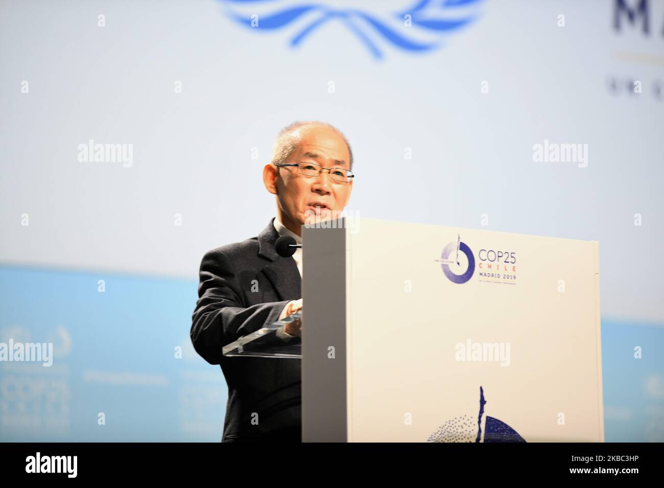 Hoesung Lee, Chairman of the Intergovernmental Panel on Climate Change (IPCC) speaks at the Official Opening ceremony of the UN Climate Change Conference (COP25) in Madrid on December 2nd, 2019. (Photo by Juan Carlos Lucas/NurPhoto) Stock Photo