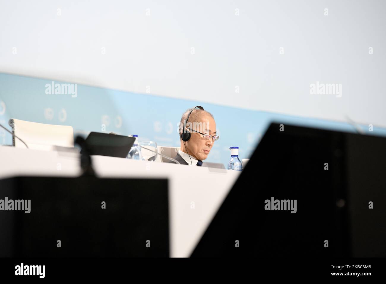 Hoesung Lee, Chairman of the Intergovernmental Panel on Climate Change (IPCC) during the Official Opening ceremony of the UN Climate Change Conference (COP25) in Madrid on December 2nd, 2019. (Photo by Juan Carlos Lucas/NurPhoto) Stock Photo