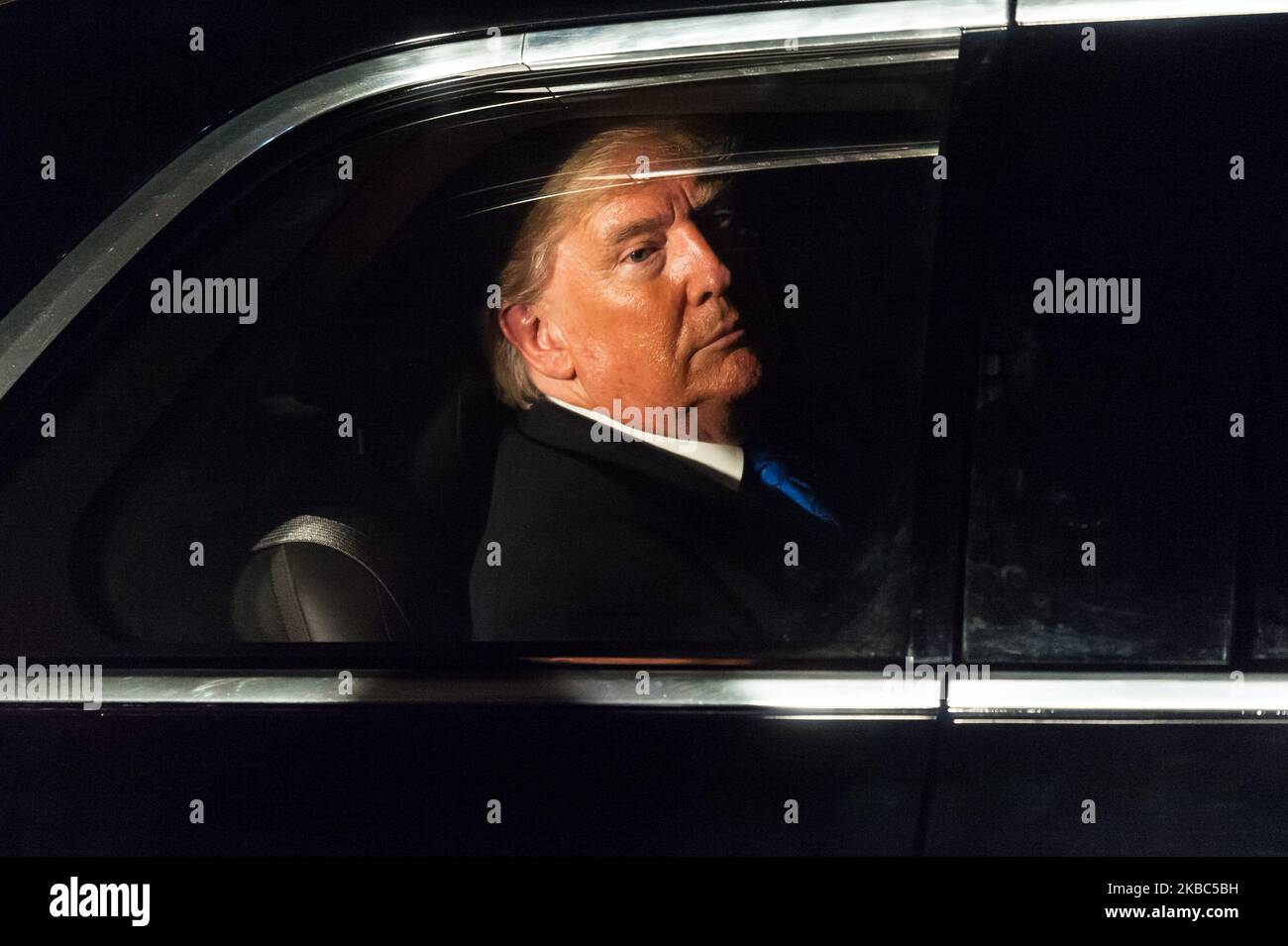 US President Donald Trump leaves 10 Downing Street in his state car 'The Beast' after attending reception for NATO leaders hosted by British Prime Minister Boris Johnson on 03 December, 2019 in London, England, ahead of the main summit tomorrow held to commemorate the 70th anniversary of NATO. (Photo by WIktor Szymanowicz/NurPhoto) Stock Photo
