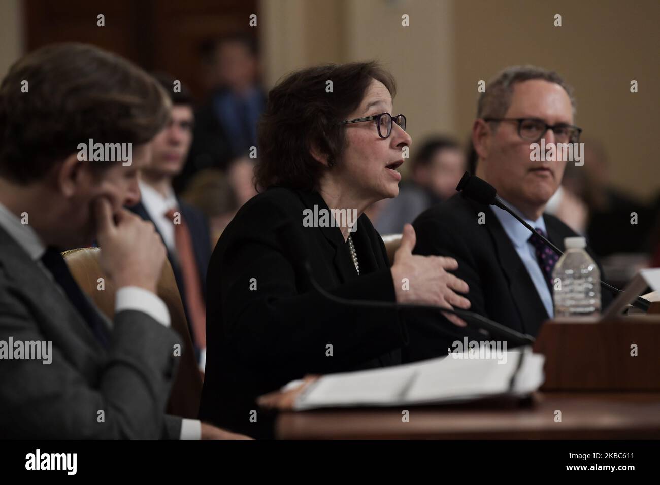 Laws Professors (left to right) Noah Feldman, Pamela S. Karlan, Michael Gerhardt testify today Wednesday 04, 2019 during a hearing of the House Judiciary Committee, as part of the Donald Trump impeachment inquiry, Longworth Building in Washington DC. (Photo by Lenin Nolly/NurPhoto) Stock Photo