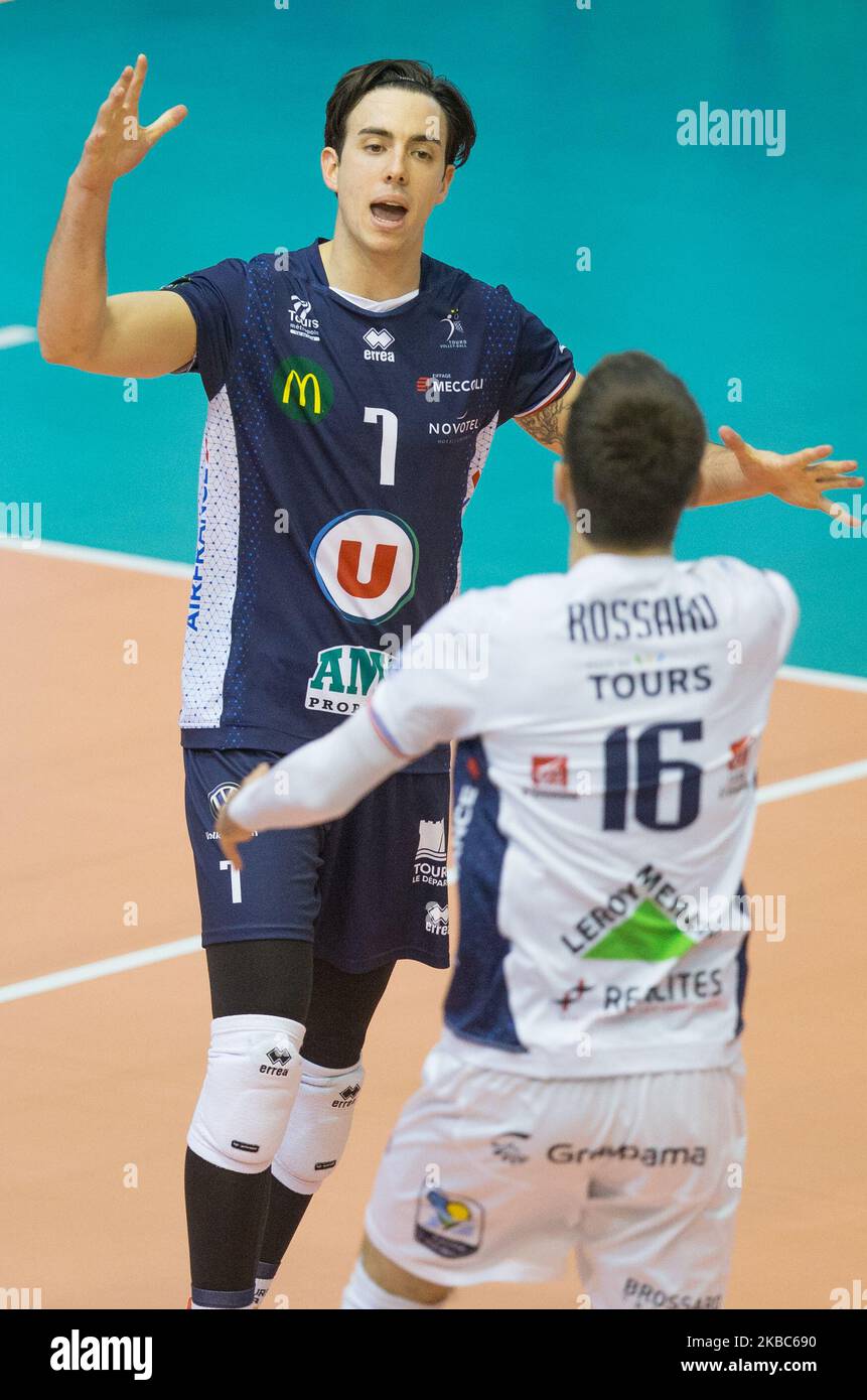 Angel Trinidad de Haro (Tours),Nicolas Rossard (Tours) during the CEV Champions League Volley match between Verva Warsaw Orlen Paliwa v Tours VB, in Warsaw, Poland, on December 12, 2019. (Photo by Foto Olimpik/NurPhoto) Stock Photo
