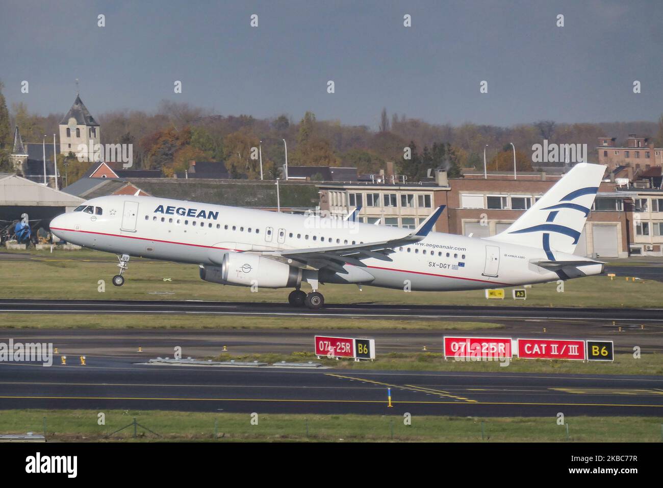 Aegean Airlines Airbus A320-200 aircraft as seen departing on rotation phase becoming airborne from Brussels Nationaal Airport Zaventem BRU EBBR during on 19 November 2019. The take-off airplane has the registration SX-DGY with 2x IAE jet engines. The airline is the flag carrier of Greece and largest Greek airline, connecting the Belgian capital with Athens ATH LGAV airport on a daily basis. A3 AEE is a Star Alliance aviation alliance member. (Photo by Nicolas Economou/NurPhoto) Stock Photo