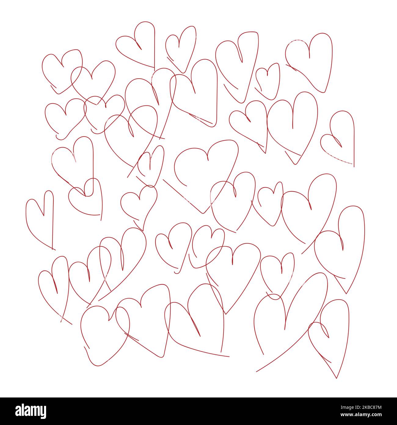 hand drawn red hearts in outline shape pattern, background. Stock Vector