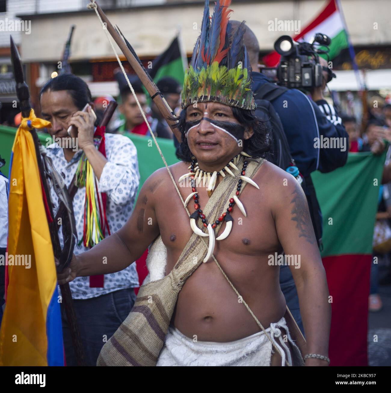 The indigenous guard of Cauca in a tribute they made in the city of Bogota, Colombia on 4 December 2019. This is the third national strike in two weeks amid ongoing protests against social, security and economic policies of President Ivan Duque. Five people have died in connection with the protests since November 21. (Photo by Daniel Garzon Herazo/NurPhoto) Stock Photo