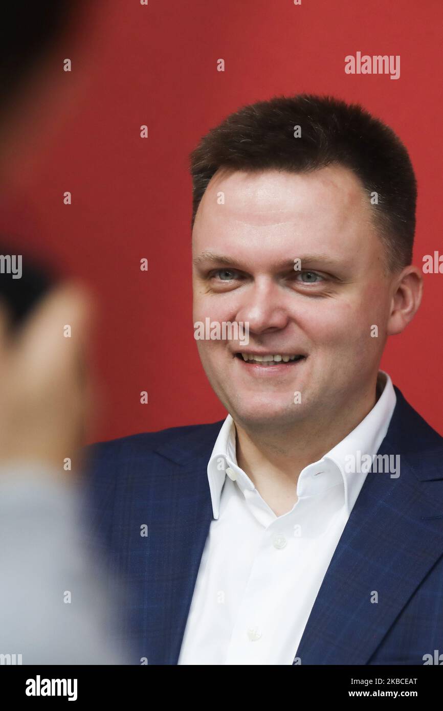Szymon Holownia takes part in Open Eyes Economy Summit in ICE Krakow Congress Centre in Krakow, Poland, on November 20, 2019. The 43-year-old TV show host and writer known for his Catholic views, announced on Sunday, 8th December, 2019 that he will run for President of Poland in next year’s election as an independent candidate. (Photo by Beata Zawrzel/NurPhoto) Stock Photo
