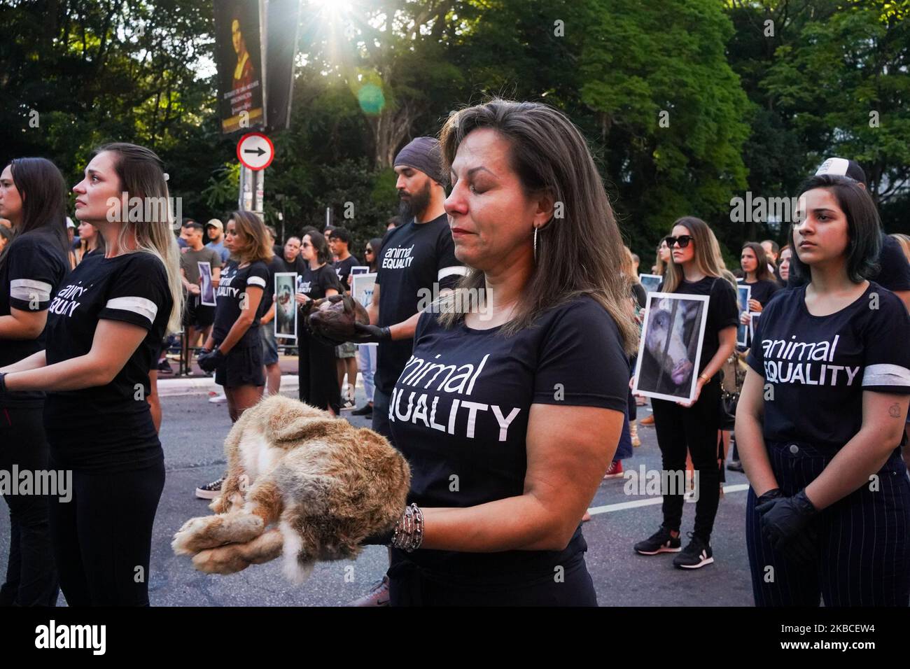 Animal rights activists from Animal Equality Brasil hold up pictures of ...
