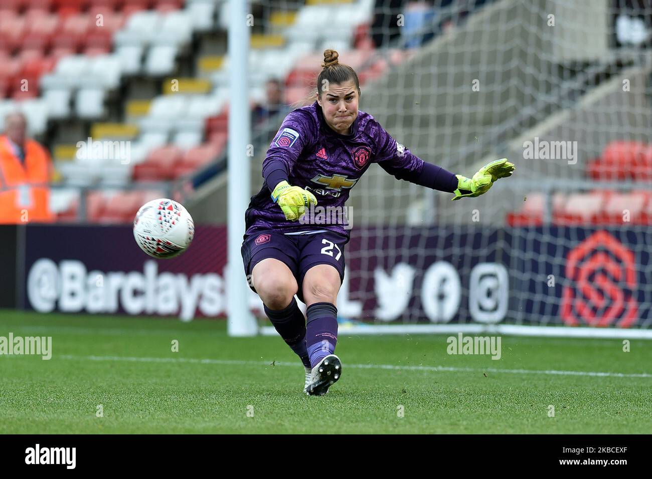 Mary Earps of Manchester United Women in action during the Barclays FA Women's Super League match between Manchester United and Everton at Leigh Sport Stadium, Leigh on Sunday 8th December 2019. (Photo by Eddie Garvey/MI News/NurPhoto) Stock Photo