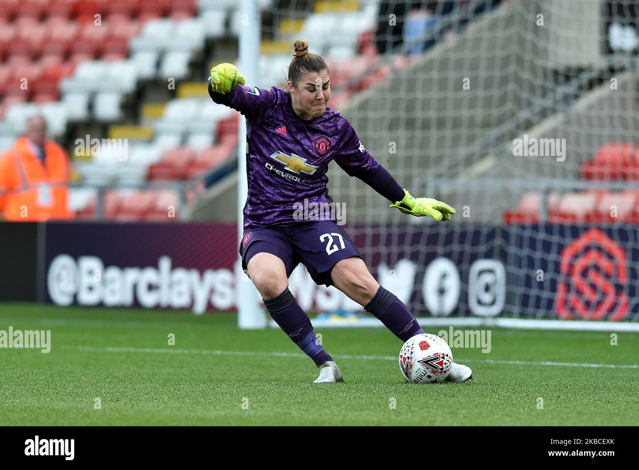 Mary Earps of Manchester United Women in action during the Barclays FA Women's Super League match between Manchester United and Everton at Leigh Sport Stadium, Leigh on Sunday 8th December 2019. (Photo by Eddie Garvey/MI News/NurPhoto) Stock Photo