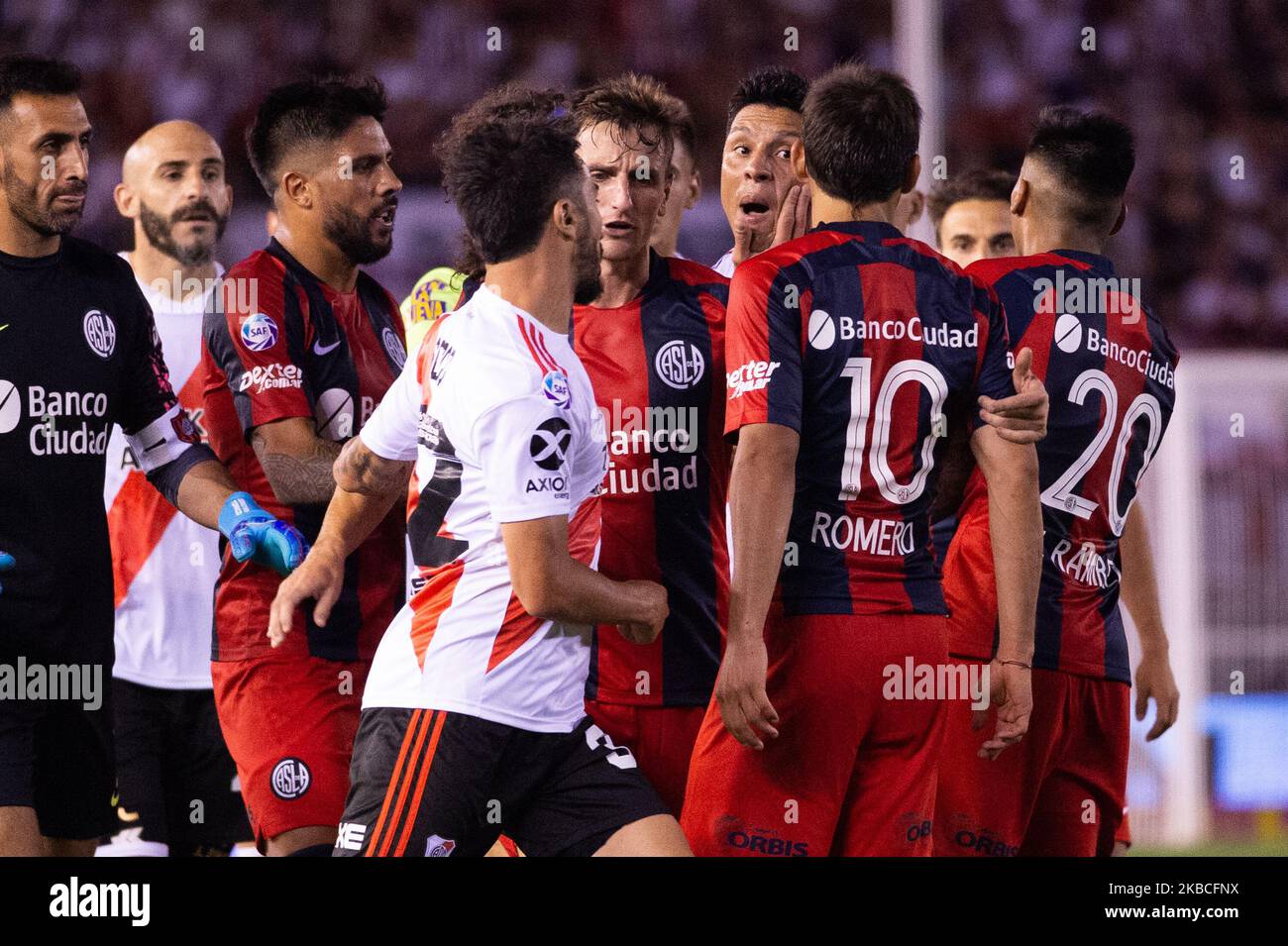 Players of River Plate fights with players of San Lorenzo during a match between River Plate and San Lorenzo as part of Superliga 2019/20 at Estadio Monumental Antonio Vespucio Liberti on December 8, 2019 in Buenos Aires, Argentina (Photo by Manuel Cortina/NurPhoto) Stock Photo