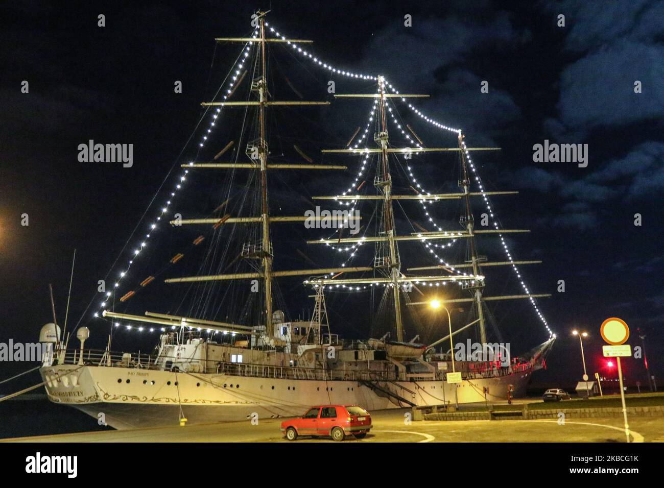 Christmas tree made of LED lights on board the SV Dar Mlodziezy sail ship is seen in Gdynia, Poland on 9 December 2019 (Photo by Michal Fludra/NurPhoto) Stock Photo