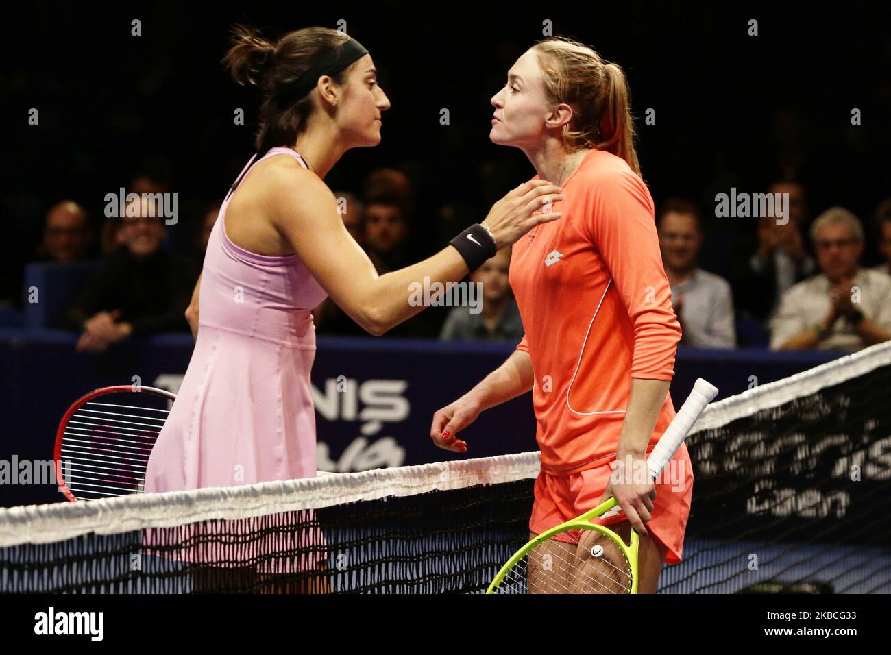 Caroline Garcia against Aliaksandra Sasnovich in the women singles final of the Caen Open tournament on 9 December 2019 in Caen, France. (Photo by Ibrahim Ezzat/NurPhoto) Stock Photo