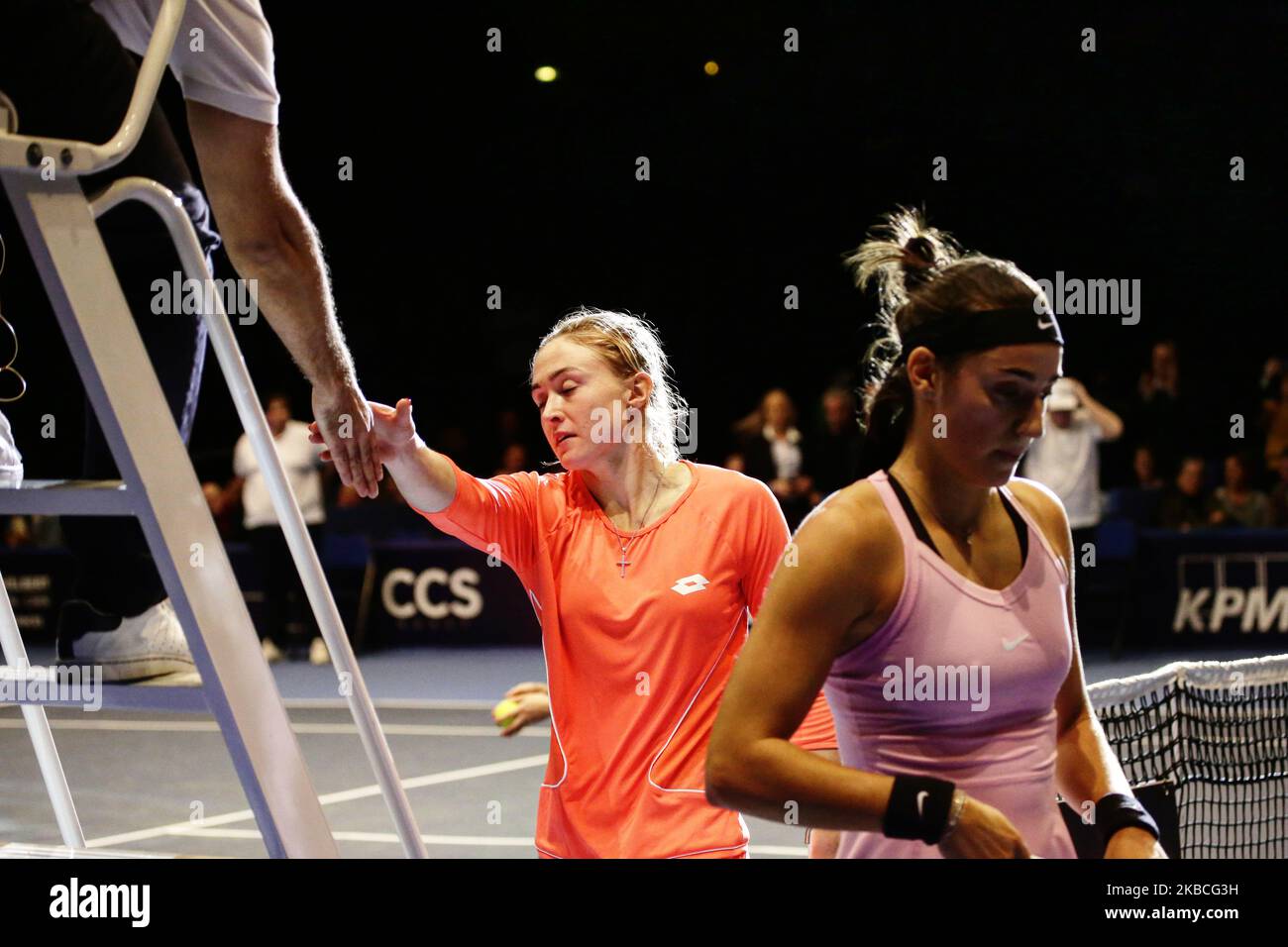 Caroline Garcia against Aliaksandra Sasnovich in the women singles final of the Caen Open tournament on 9 December 2019 in Caen, France. (Photo by Ibrahim Ezzat/NurPhoto) Stock Photo