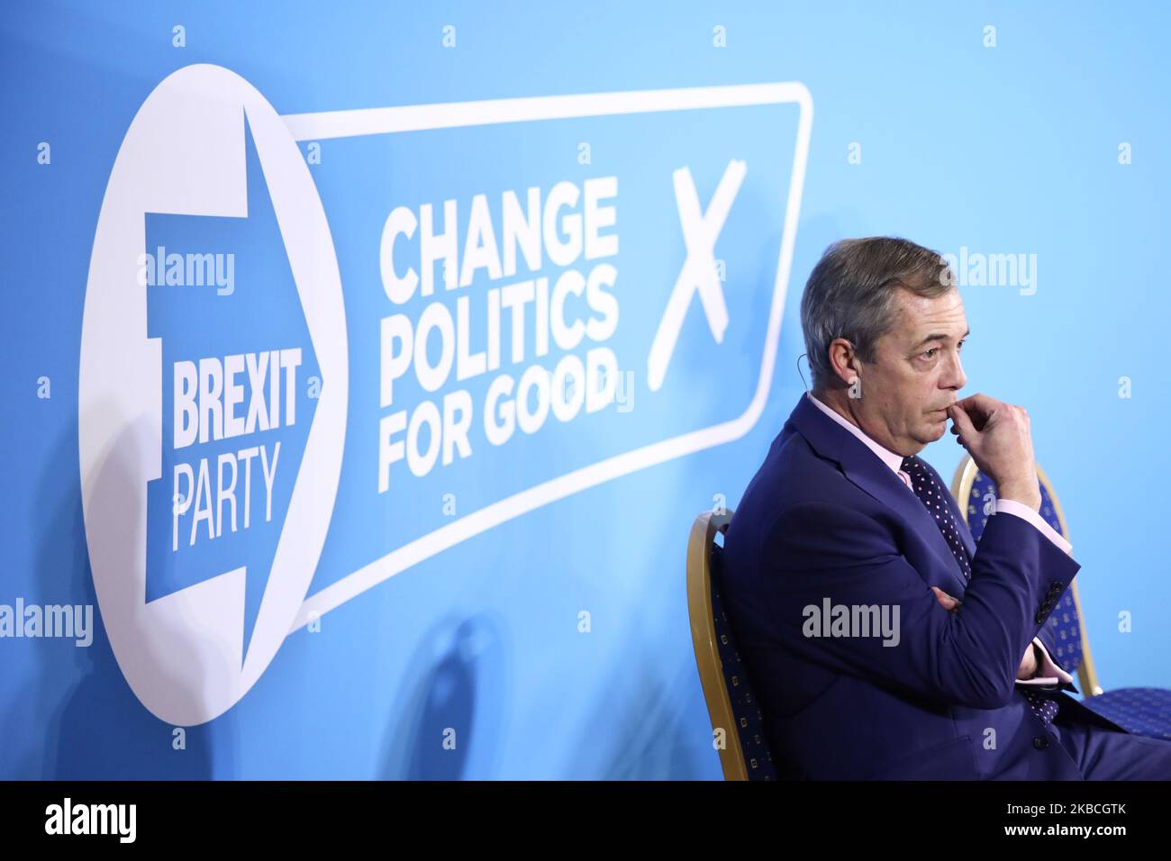 Brexit Party leader Nigel Farage during a press conference, two days before General Elections, in London, Great Britain on December 10, 2019. (Photo by Jakub Porzycki/NurPhoto) Stock Photo