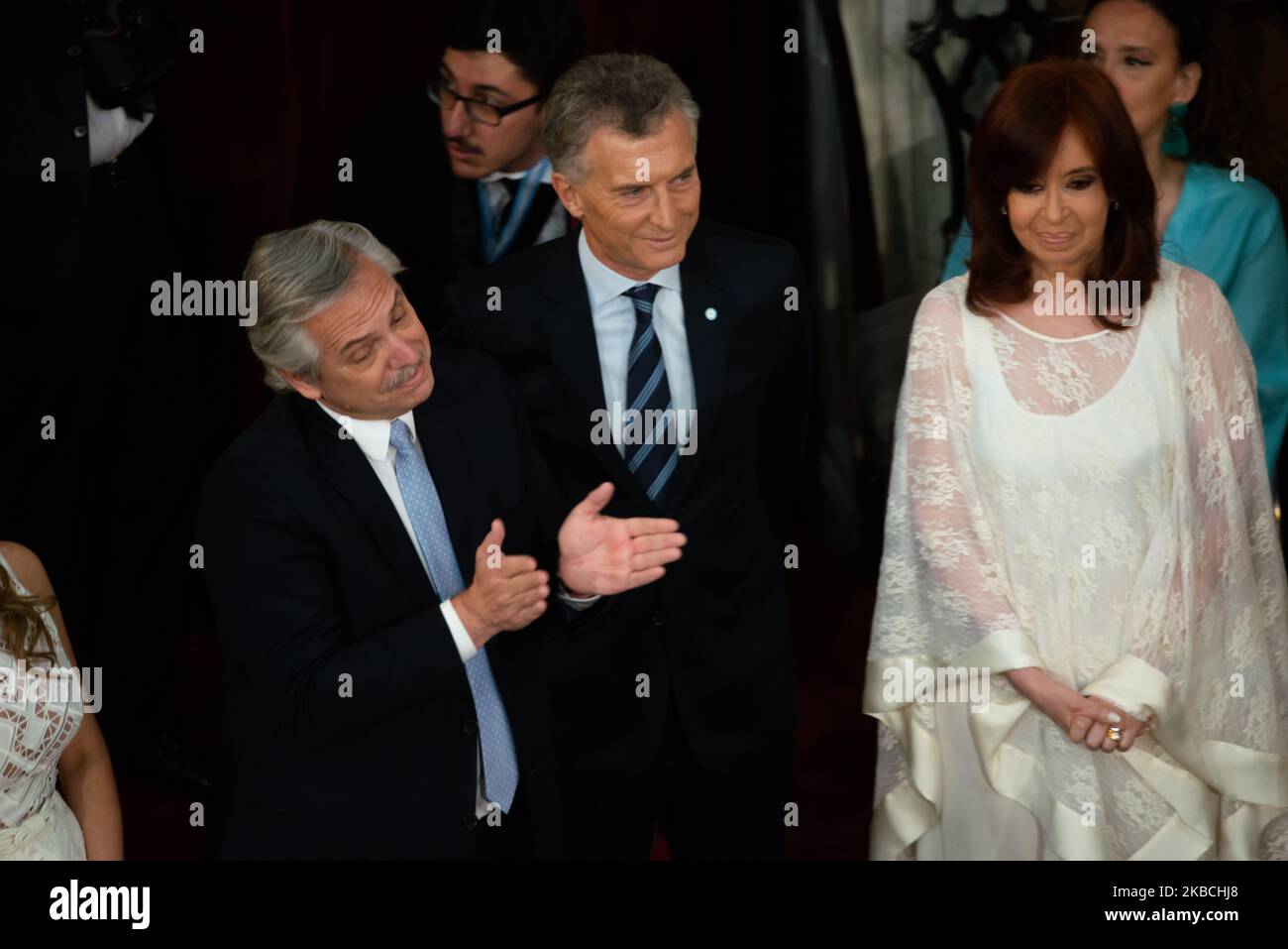 (L-R) Argentina President-elect Alberto Fernandez, Outgoing President of Argentina Mauricio Macri, Argentina Vice President-elect Cristina Fernandez Kirchner during the Presidential Inauguration Ceremony at National Congress on December 10, 2019 in Buenos Aires, Argentina. (Photo by Mario De Fina/NurPhoto) Stock Photo