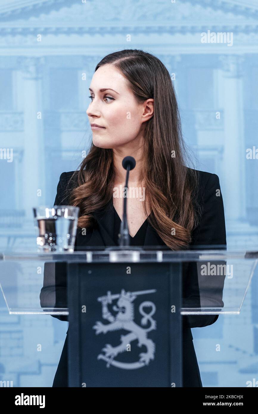 Prime Minister Sanna Marin at a press conference of the new Finnish government in Helsinki, Finland on December 10, 2019. (Photo by Antti Yrjonen/NurPhoto) Stock Photo