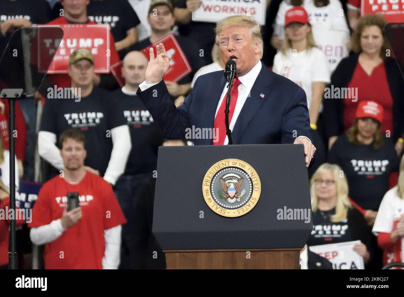 U.S. President Donald Trump speaks for more than an hour as he and Vice-President Mike Pence return to Pennsylvania for a a Keep America Great campaign rally at the Giant Center, in Hershey, PA, on December 10, 2019. (Photo by Bastiaan Slabbers/NurPhoto) Stock Photo