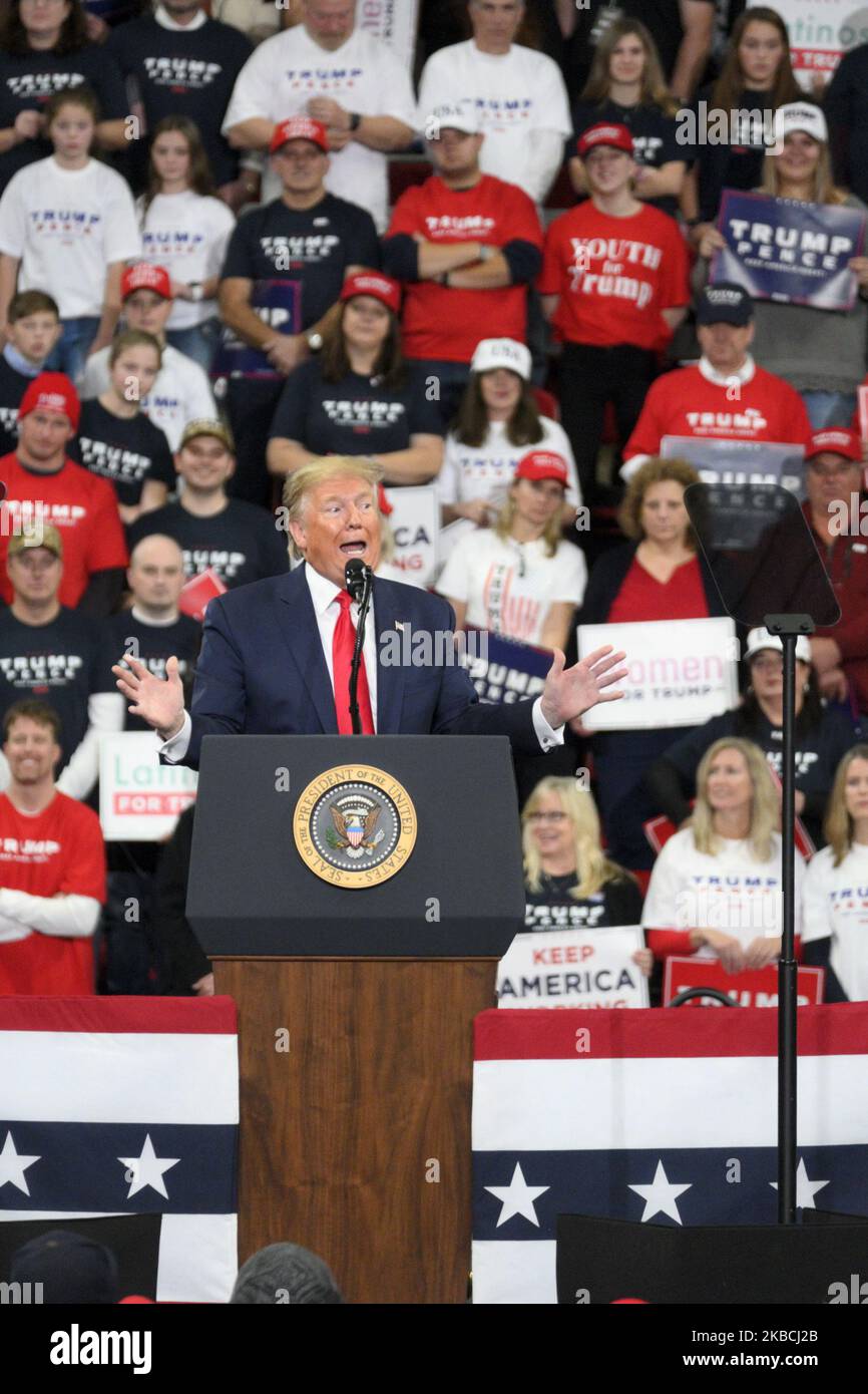U.S. President Donald Trump speaks for more than an hour as he and Vice-President Mike Pence return to Pennsylvania for a a Keep America Great campaign rally at the Giant Center, in Hershey, PA, on December 10, 2019. (Photo by Bastiaan Slabbers/NurPhoto) Stock Photo