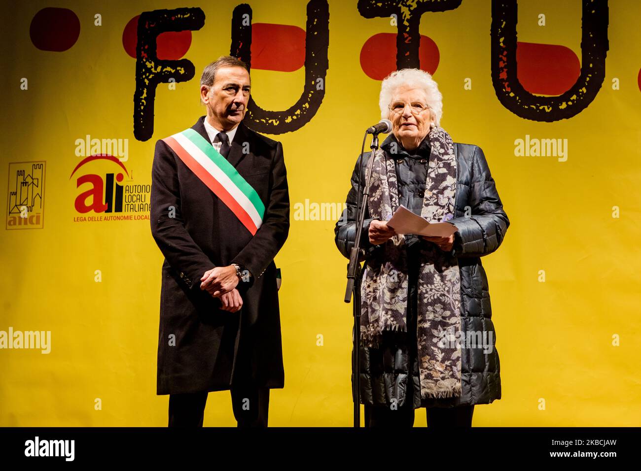 Holocaust survivor and life senator Liliana Segre (L) and Milan Mayor Giuseppe Sala during the march 'L'odio NON HA Futuro' on December 10 2019 in Milan, Italy. More than 600 mayors and councillors joined the procession that crossed the entire Piazza del Duomo in Milan and ended in Piazza della Scala where Liliana Segre spoke for a public intervention against the hatred that is increasing in Italy and Europe. (Photo by Mairo Cinquetti/NurPhoto) Stock Photo