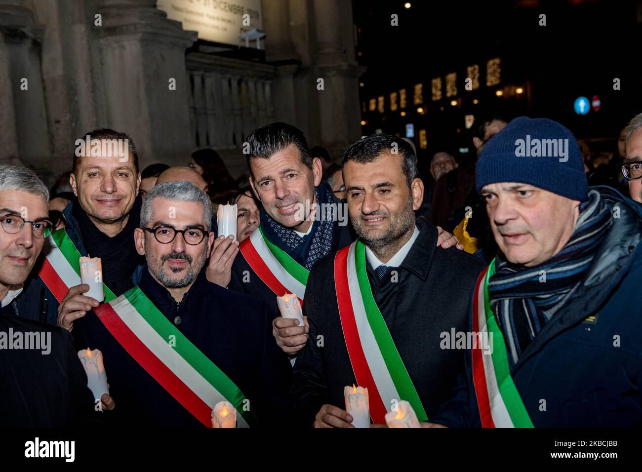 Antonio Decaro (2nd-R), Mayor of Bari, attends during the march 'L'odio NON HA Futuro' on December 10 2019 in Milan, Italy. More than 600 mayors and councillors joined the procession that crossed the entire Piazza del Duomo in Milan and ended in Piazza della Scala where Liliana Segre spoke for a public intervention against the hatred that is increasing in Italy and Europe. (Photo by Mairo Cinquetti/NurPhoto) Stock Photo