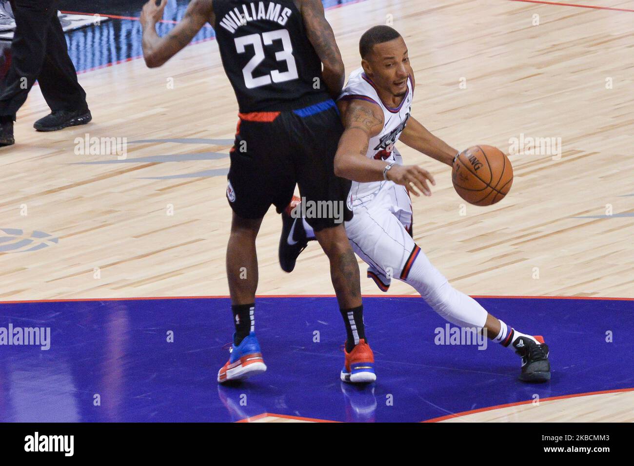 Norman Powell #24 of the Toronto Raptors tries to move during the Toronto Raptors vs Los Angeles Clippers NBA regular season game at Scotiabank Arena on December 11, 2019, in Toronto, Canada (Score after first half 46:64) (Photo by Anatoliy Cherkasov/NurPhoto) Stock Photo