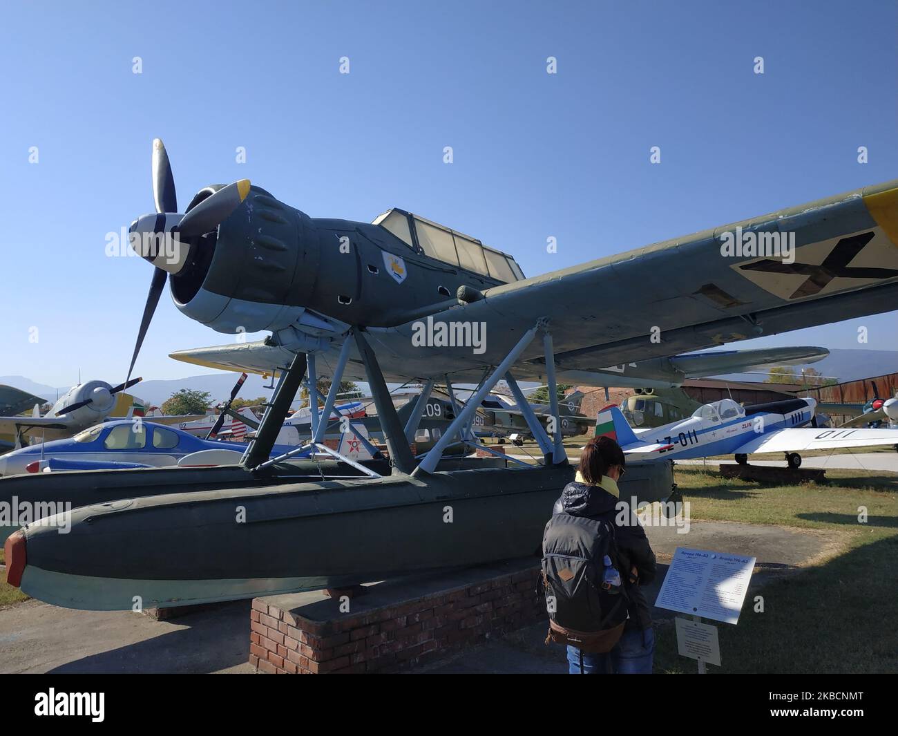 Visitors browse exhibits at The Aviation Museum at Krumovo. Planes and helicopters that were in service from the outbreak of World War I to the end of the Cold War are exposed. In the interior exposure is shown the landing gear of the Soyuz-33 spacecraft. (Photo by Impact Press Group/NurPhoto) Stock Photo