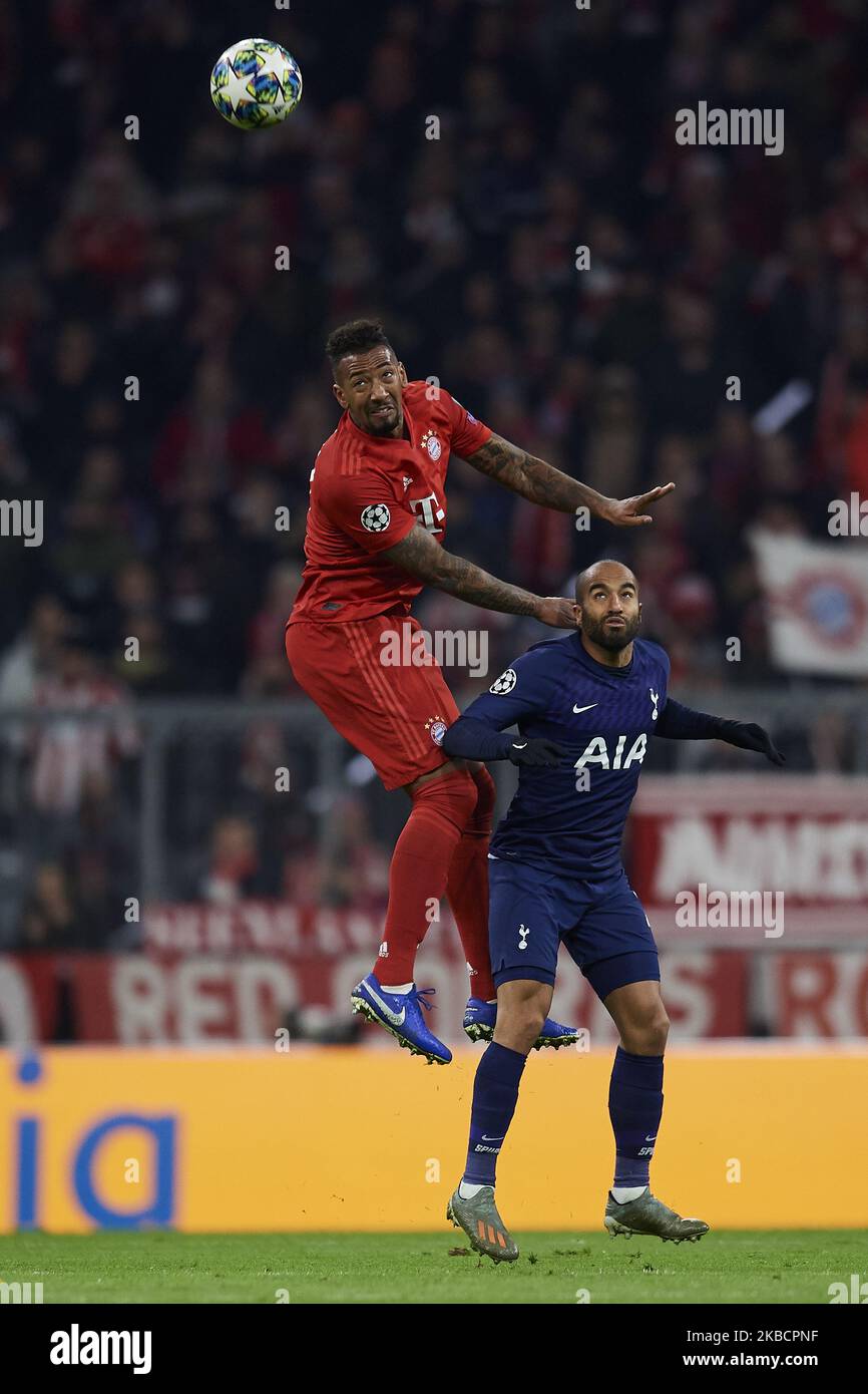 Jerome Boateng of Bayern Munich and Lucas Moura of Tottenham competes for the ball during the UEFA Champions League group B match between Bayern Muenchen and Tottenham Hotspur at Allianz Arena on December 11, 2019 in Munich, Germany. (Photo by Jose Breton/Pics Action/NurPhoto) Stock Photo
