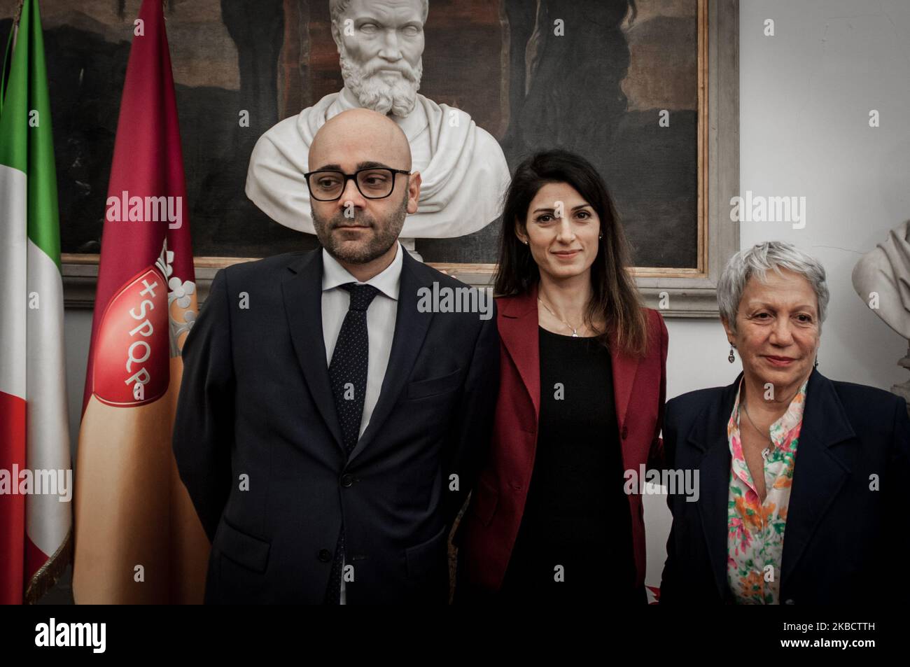 Mayor of Rome Virginia Raggi and the Councillor for Personnel, Registry and Civil Status, Demographic and Electoral Services Antonio De Santis present to the press the initiative ''Certificates on newsstands'', in Rome, Italy, on December 13, 2019. (Photo by Andrea Ronchini/NurPhoto) Stock Photo