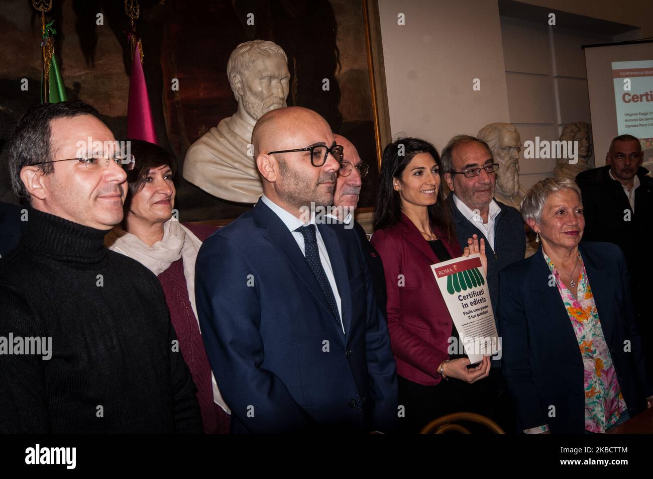 Mayor of Rome Virginia Raggi and the Councillor for Personnel, Registry and Civil Status, Demographic and Electoral Services Antonio De Santis present to the press the initiative ''Certificates on newsstands'', in Rome, Italy, on December 13, 2019. (Photo by Andrea Ronchini/NurPhoto) Stock Photo