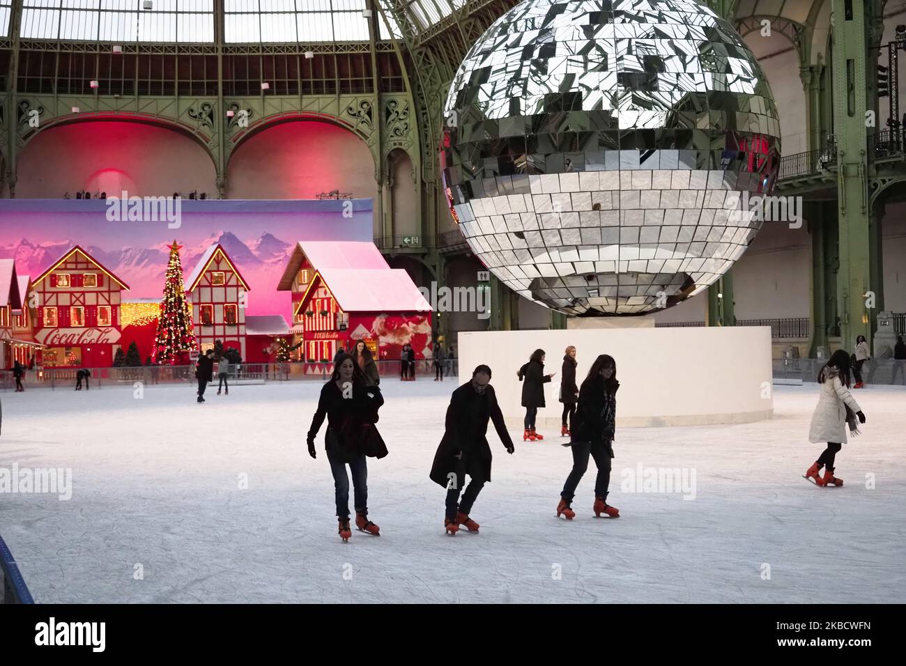 During the Christmas holidays, the Grand Palais welcomes in Paris the largest ice rink - indoor Ephemeral - in the world on December 13, 2019, in Paris, France. (Photo by Daniel Pier/NurPhoto) Stock Photo