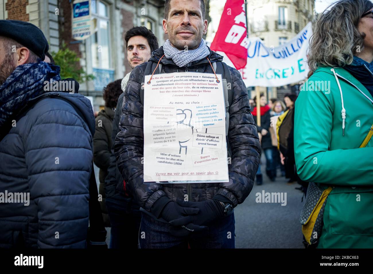 Protesters at the demonstration lead by union workers and yellow vest protesters, in Rennes , France, on December 14, 2019. (Photo by Vernault Quentin/NurPhoto) Stock Photo