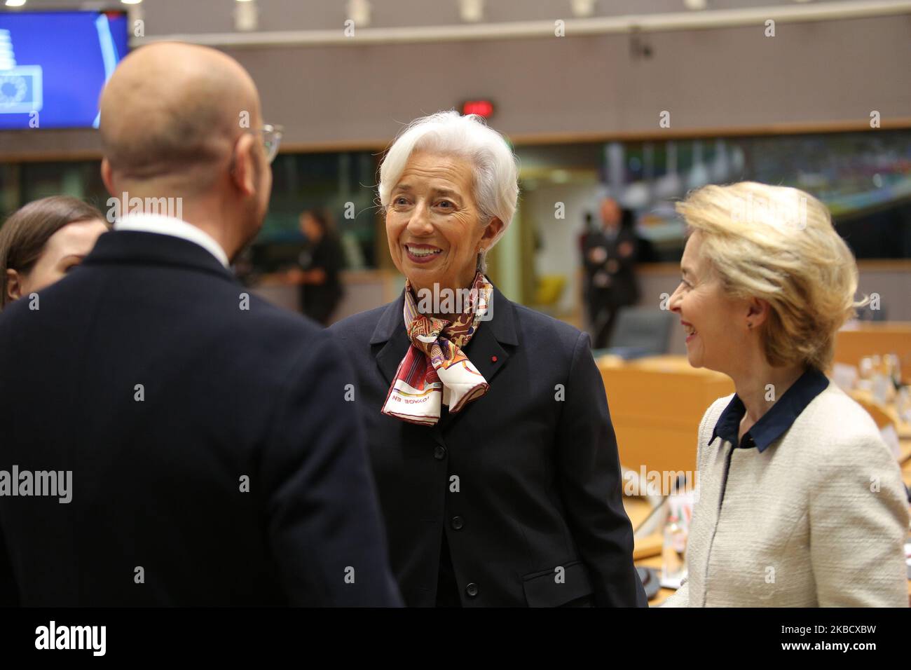 Christine Lagarde President of European Central Bank at the roundtable during the European Council - Euro Summit - EU leaders meeting on the second day. Brussels, Belgium - December 13, 2019 (Photo by Nicolas Economou/NurPhoto) Stock Photo