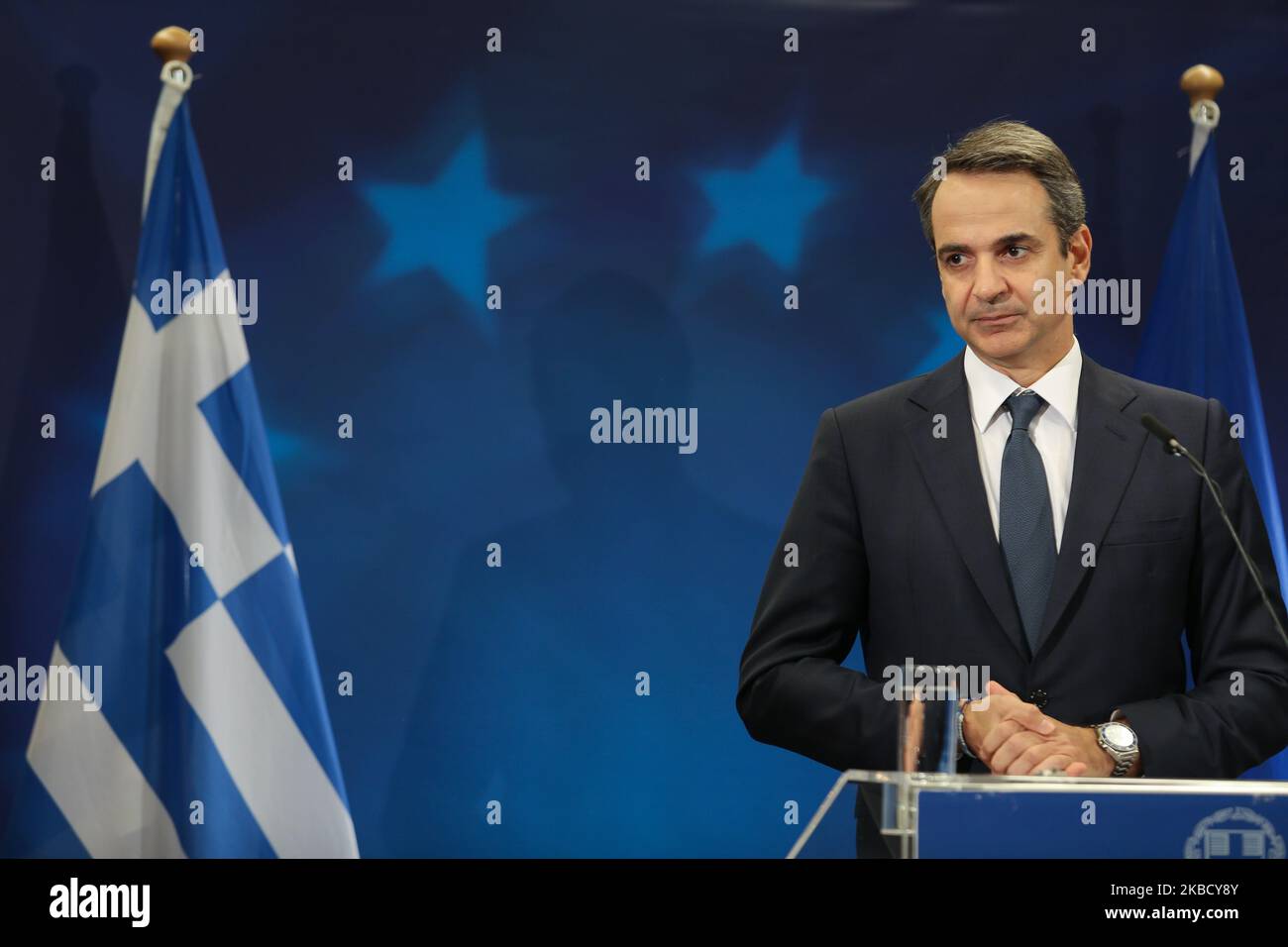 Greek Prime Minister Kyriakos Mitsotakis makes a speech as he holds a press conference at the end of the European Council Summit in Brussels, Belgium on December 13, 2019. The Greek PM after the statement replied to questions from journalists about the 2050 European Climate Carbon Neutral Initiative - Brexit and the relations with Turkey after the recent events with Libya. (Photo by Nicolas Economou/NurPhoto) Stock Photo