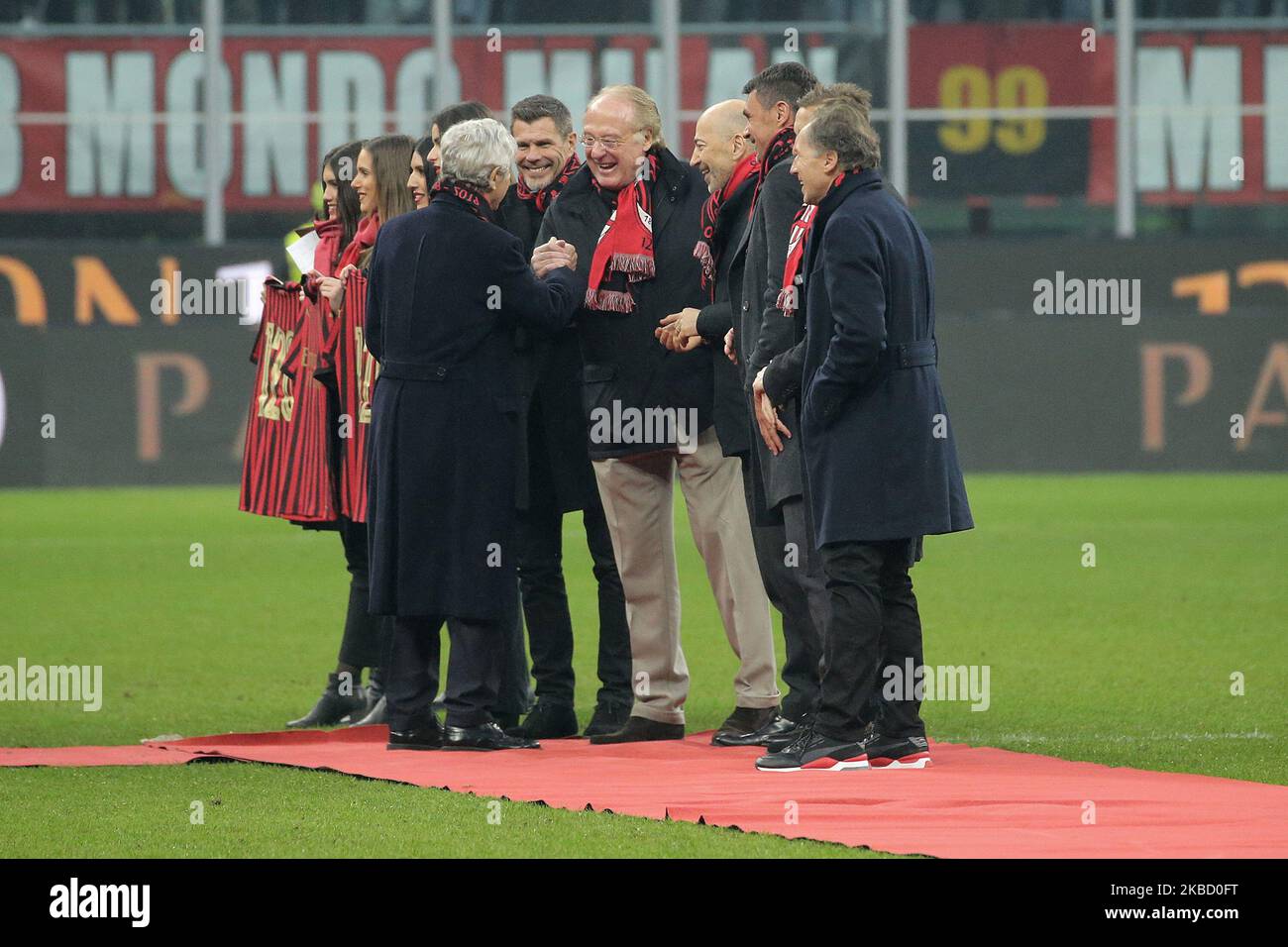 Paolo Scaroni President of AC Milan and Gianni Rivera during the Serie A match between AC Milan and US Sassuolo at Stadio Giuseppe Meazza on December 15, 2019 in Milan, Italy. (Photo by Giuseppe Cottini/NurPhoto) Stock Photo