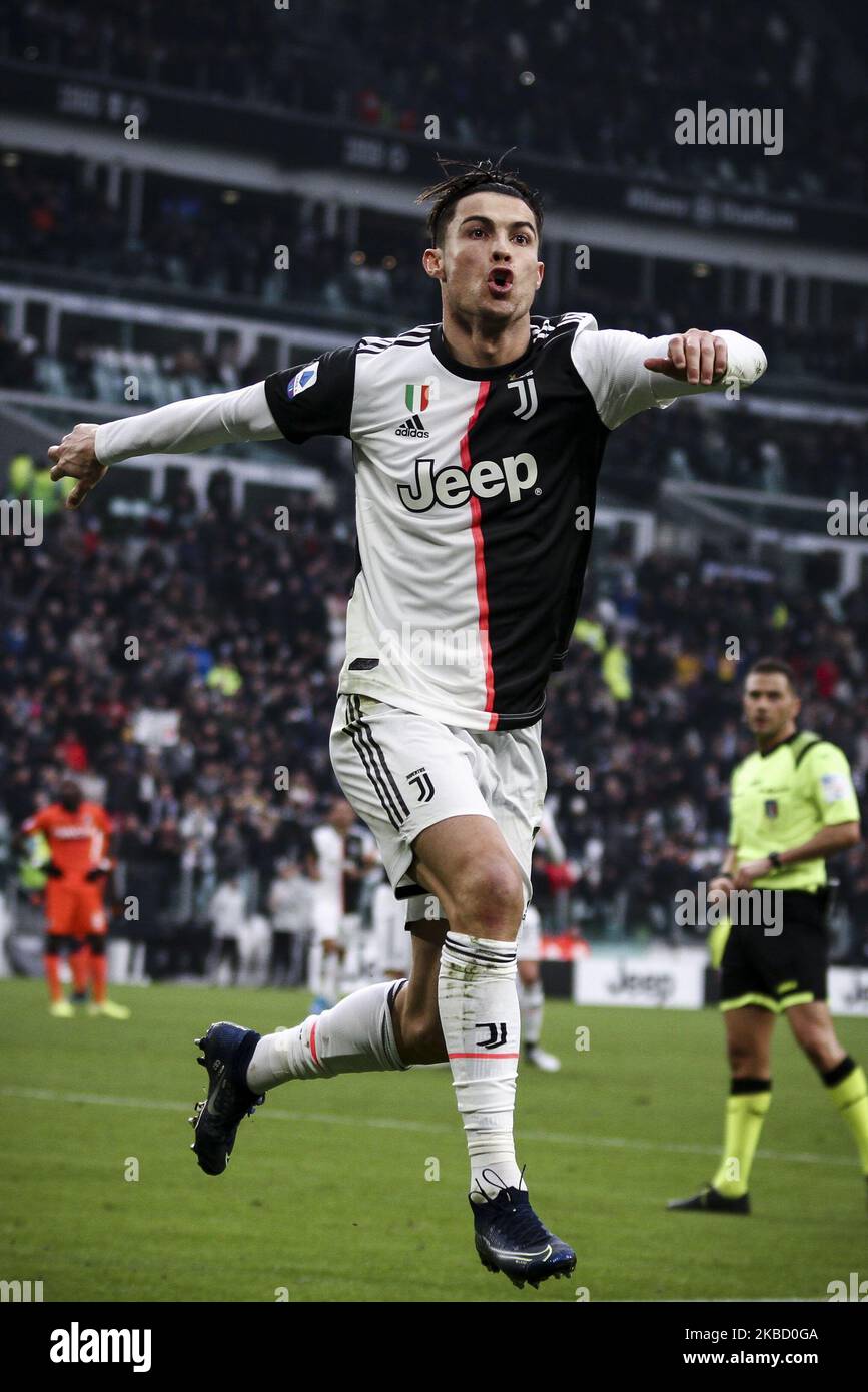 Juventus forward Cristiano Ronaldo (7) celebrates after scoring his goal to  make it 2-0 during the Serie A football match n.16 JUVENTUS - UDINESE on  December 15, 2019 at the Allianz Stadium