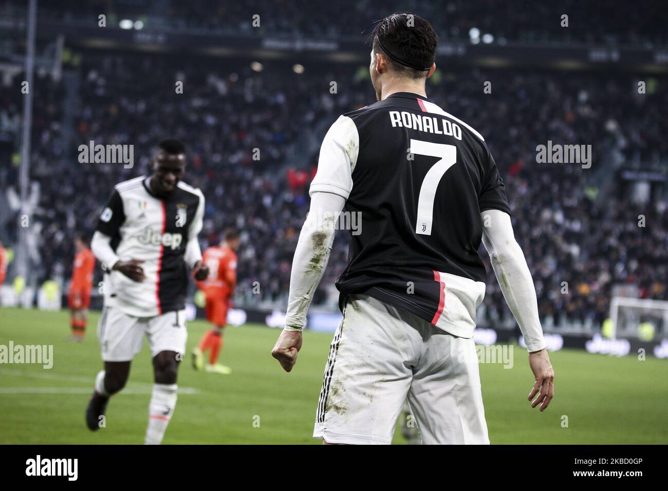 Juventus forward Cristiano Ronaldo (7) celebrates after scoring his goal to  make it 2-0 during the Serie A football match n.16 JUVENTUS - UDINESE on  December 15, 2019 at the Allianz Stadium