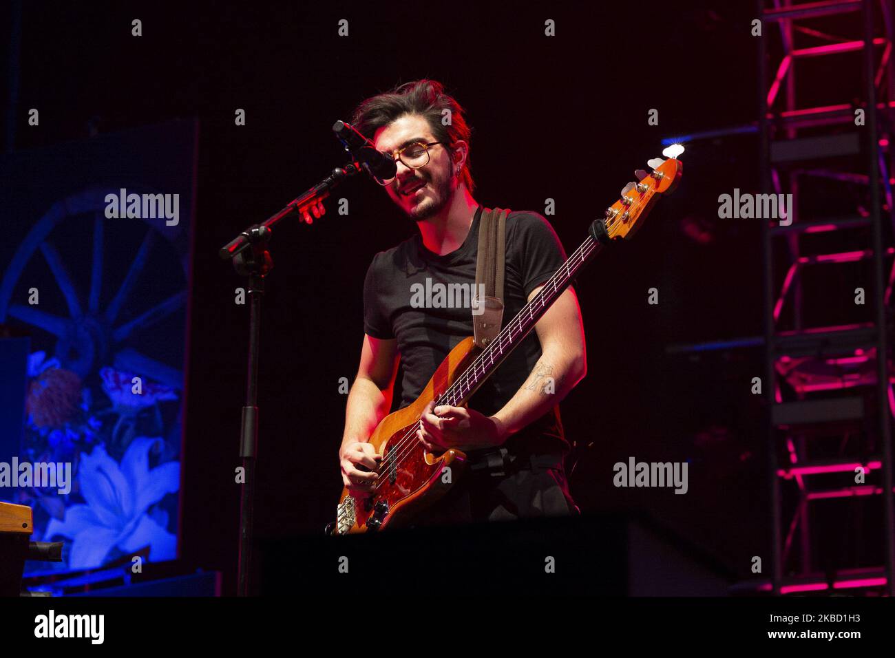 Singer and bass player Simon Vargas Morales of Colombian band Morat, performs during a concert as part of his tour 'Balas Perdidas' at WiZink Center in Madrid, Spain, 15 December 2019 (Photo by Oscar Gonzalez/NurPhoto) Stock Photo