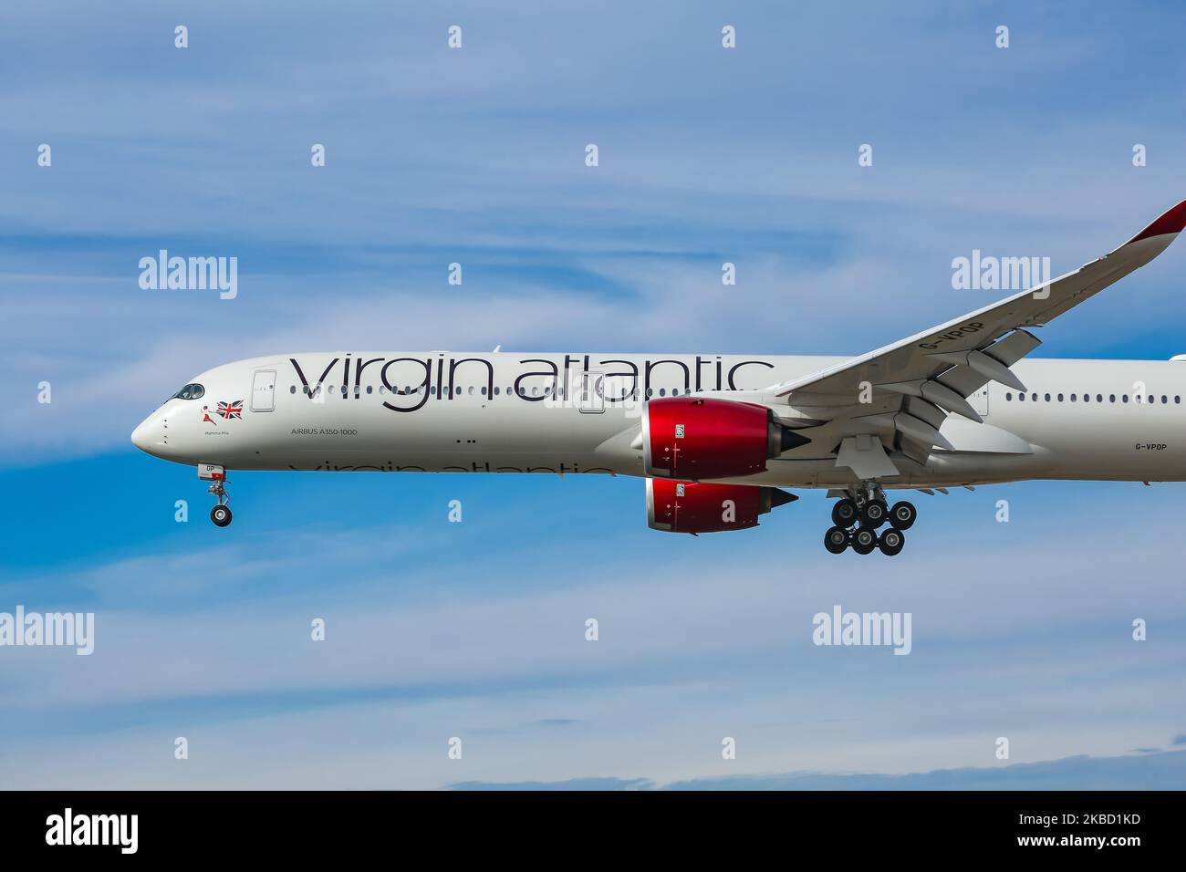 Virgin Atlantic Airways Airbus A350-1000 aircraft as seen on final approach arriving and landing at JFK John F. Kennedy International Airport in NYC, New York, USA. The airplane has the registration G-VPOP, the name Mamma Mia, 2x RR Jet engines. Virgin Atlantic Airways VS VIR is a British Airline Carrier connecting New York City to the London Gatwick, London Heathrow and Manchester UK. (Photo by Nicolas Economou/NurPhoto) Stock Photo