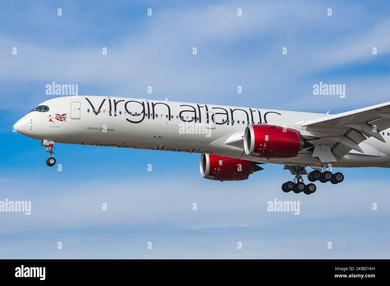 Virgin Atlantic Airways Airbus A350-1000 aircraft as seen on final approach arriving and landing at JFK John F. Kennedy International Airport in NYC, New York, USA. The airplane has the registration G-VPOP, the name Mamma Mia, 2x RR Jet engines. Virgin Atlantic Airways VS VIR is a British Airline Carrier connecting New York City to the London Gatwick, London Heathrow and Manchester UK. (Photo by Nicolas Economou/NurPhoto) Stock Photo