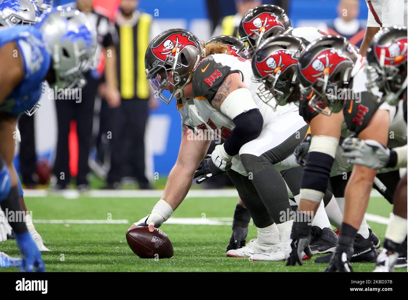 Tampa Bay Buccaneers center Ryan Jensen (66) prepares to snap the ball during the second half of an NFL football game against the Detroit Lions in Detroit, Michigan USA, on Sunday, December 15, 2019. (Photo by Amy Lemus/NurPhoto) Stock Photo